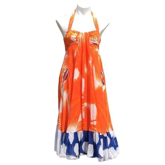 Diane Von Furstenberg Dress Indochine Orange Palm Empire Waist Halter Size 2 - Picture 1 of 11